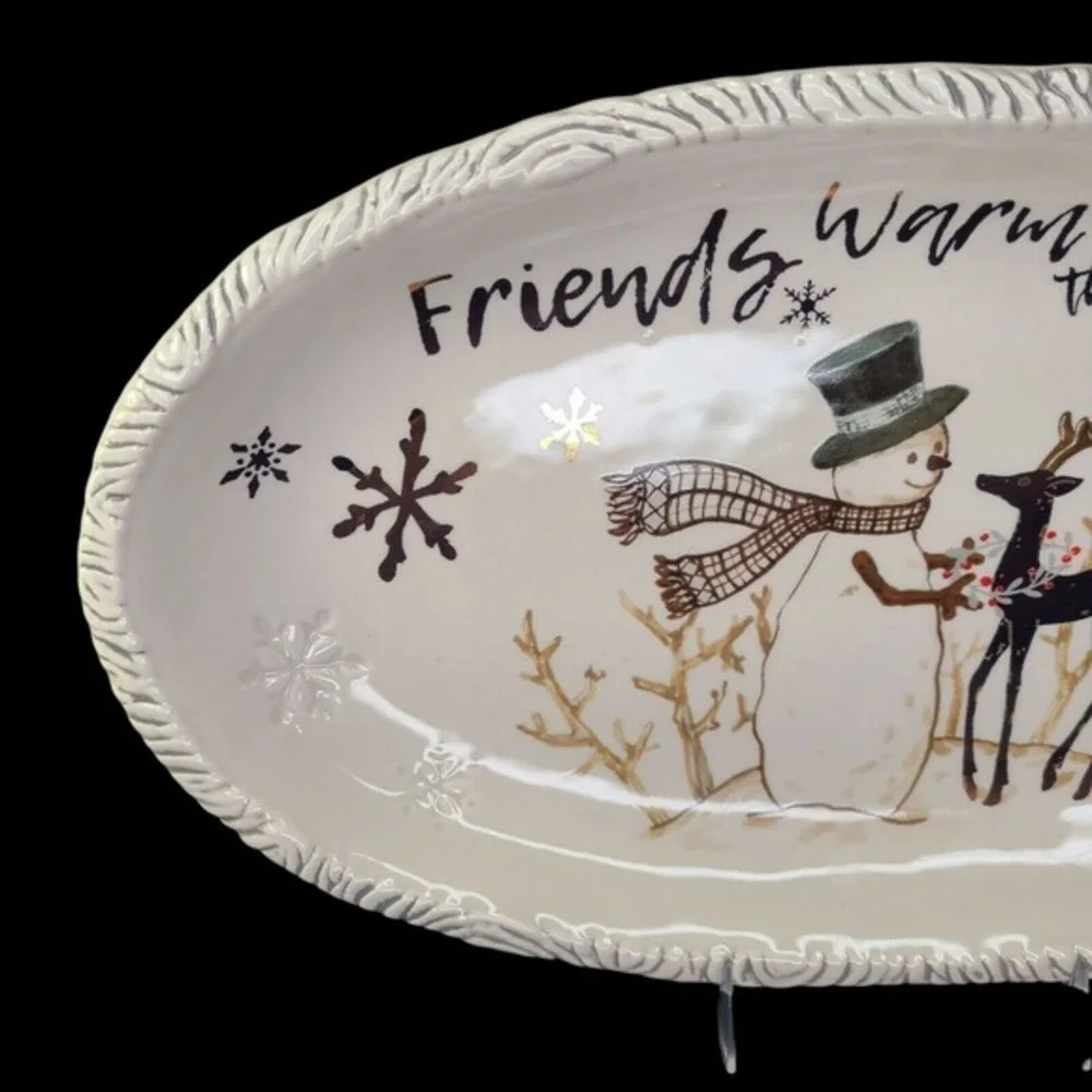 Fitz and Floyd Wintry Woods‎ Snowman Christmas 14 Inch Oval Serving Platter Tray